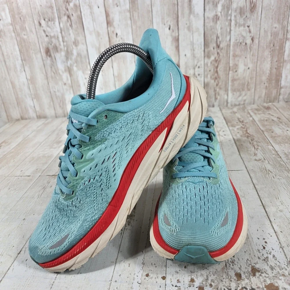 Hoka One One Clifton 8 Womens 7.5 Running Shoes Aquarelle Blue Red 1119394 AEBL